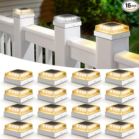 Solar Post Cap Lights, 16-Pack Fence Post Solar Lights for 4x4 Wood/Vinyl Posts, IP65 Waterproof, 10-12 Hours of Illumination with 3 Lighting Modes for Garden/Patio/Porch - White