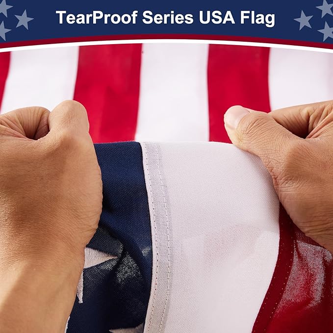 American Flag 4x6 ft Heavy Duty TearProof Series, All Weather High Wind US Flag, Premium Spun Polyester with Embroidered Stars, Sewn Stripes, Brass Grommets for Outdoor Use