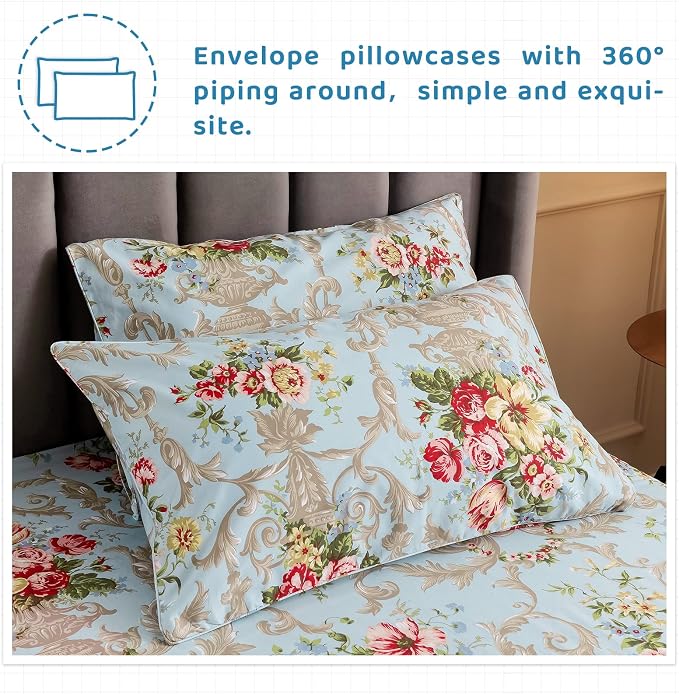 QSH Floral Queen Size Sheet Sets - Luxury Peony Flower Print Pattern Egyptian Cotton Printed Bedding Sheets Queen Size Bed Extra Soft and Breathable 4pcs Deep Pockets Bed Sheets