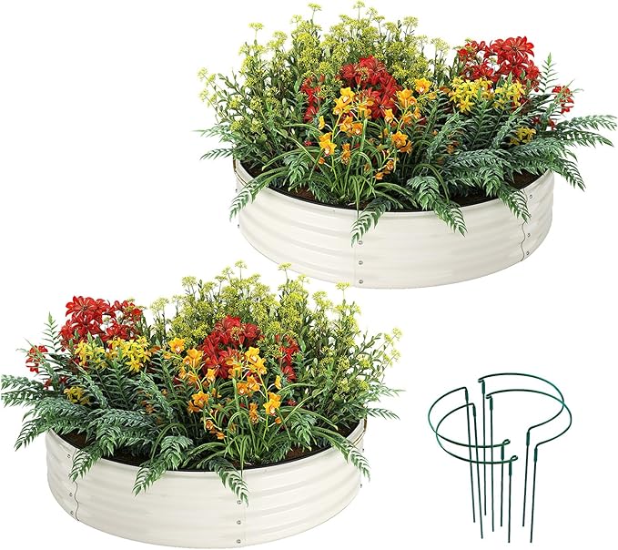 ZFHgarden Galvanized Metal Planter Round Raised Garden Bed Kit for Gardening Outdoor，2x2x1ft 2pc Grow Garden Box Raised Flower Bed，Round Galvanized Planter Outdoor Metal Fire Pit Ring White