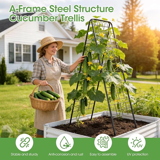 Heavy Duty Cucumber Trellis，50"x17" Adjustable A-Frame Trellis for Climbing Plants，100%Metal Mesh Design,Rust-Proof and UV-Resistant，Garden Trellis for Cucumber Beans and Vine Type Plants.Black &1Pcs