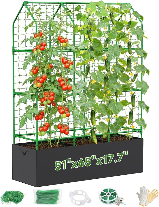 Cucumber Trellis for Climbing Plants Outdoor, A-Shape Garden Trellis for Raised Bed, Metal Plant Trellis with Garden Netting for Flower Vegetables, Pea, Grape (50 * 17 * 65inch(L*W*H)