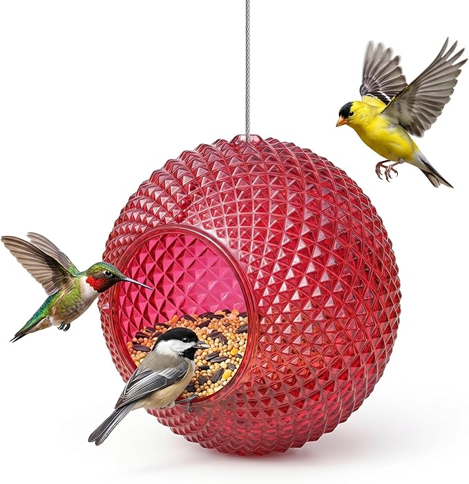 Topadorn Wild Bird Feeder Fly Through Garden Hanging Bird Feeder Mosaic Circle Squirrel Proof for Outdoor Decoration, Red