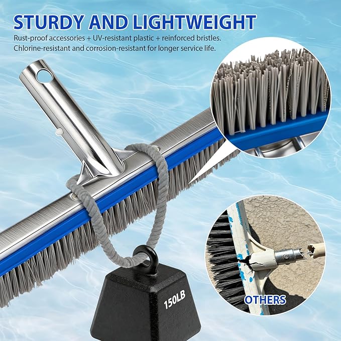 18" Wide Pool Brush Head - Combo Nylon & Stainless Steel Wire Bristles, Heavy Duty Metal Pool Brush for Extra Scrubbing Power, Curved Edge for Cleaning Inground Pool Tiles, Concrete, Walls, Corners