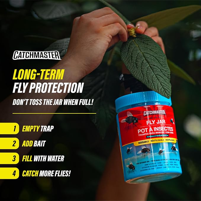 Catchmaster Reusable Outdoor Fly Trap, 1 Hanging Blue Jar with Bait | Catches All Species of Fly, Fly Traps Outdoor w/ Food-based lure, Odor Attracts Flies Away From People, Refill & Reuse