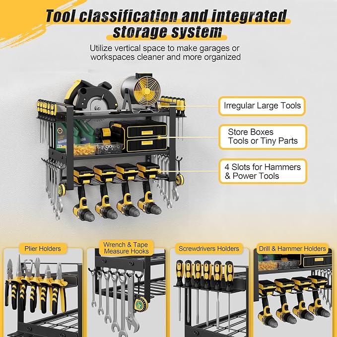 Jusgym Power Tool Organizer Wall Mount |150lbs Garage Tool Storage Rack with 4 Cordless Drill Holder |3-Tier Heavy Duty Garage Organization |Gifts for Men