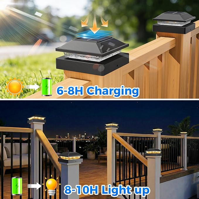 Peasur 4x4 Solar Post Cap Lights, 2 Modes 16 LED Post Solar Lights Waterproof, 12 Pack Black Fence Deck Lights Fit Wooden/Vinyl Post for Porch Patio