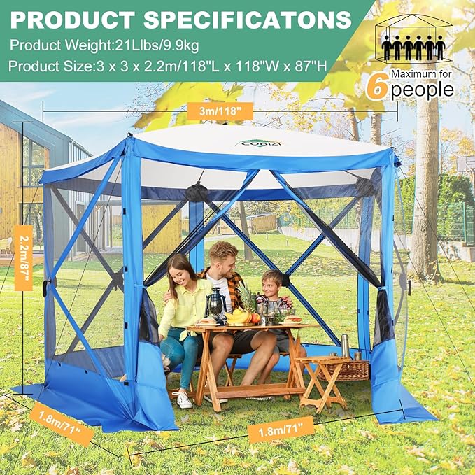 COBIZI 10x10 FT Pop up Gazebo, Popup Canopy Tent,Instant Screened in Gazebos, Waterproof Portable Outdoor Small Screen Tents Sun Shelter,carpas para Patio for Camping, Garden and Backyard,Blue