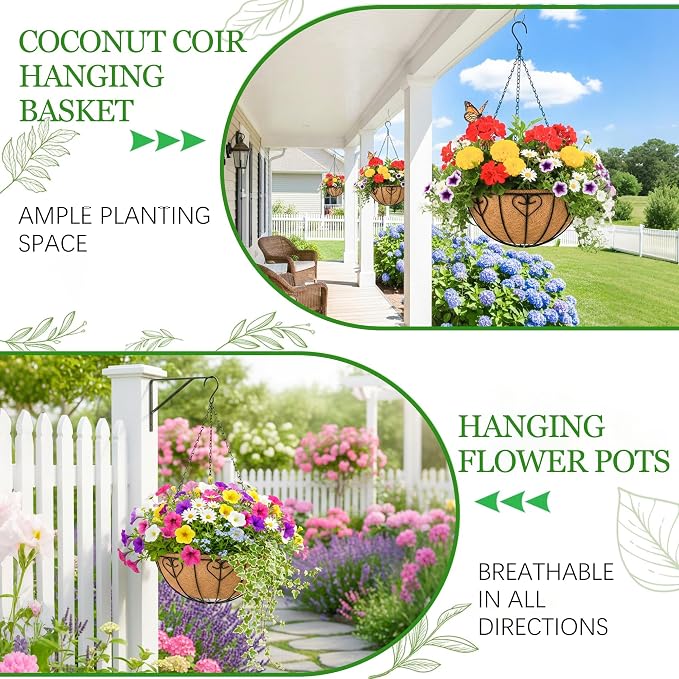 Hanging Planters for Outdoor Plants 4 Pack 16 inch Metal Hanging Flower Basket with Coco Coir Liner Wire Plant Holder Watering Flower Baskets Pot Hanger Garden Decoration for Indoor Outdoor(AXL)