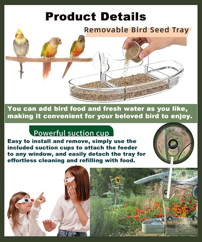 2PCS Clear Window Bird Feeder with Strong Suction Cups, Large Transparent Outdoor Type, Removable Seed Tray with Drainage Holes, Weatherproof & Sleek Streamlined Design, Ideal Gift for Bird Lovers (2)
