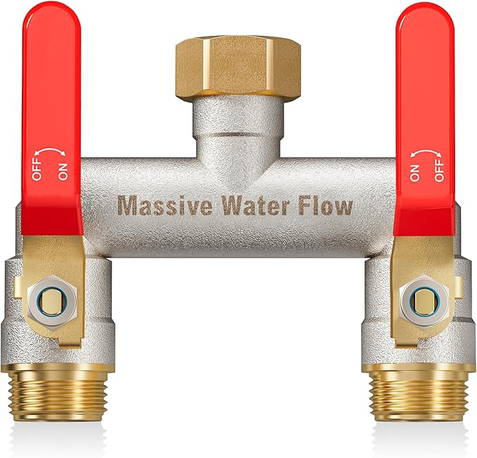Hose Splitter 2 Way Heavy Duty, Garden Hose Splitter with 304 Stainless Steel Long Handle, Full Flow Brass Nickel Plated Water Hose T Spigot Splitter Adapter Connector, 3/4 - Inch GHT Thread (Red)