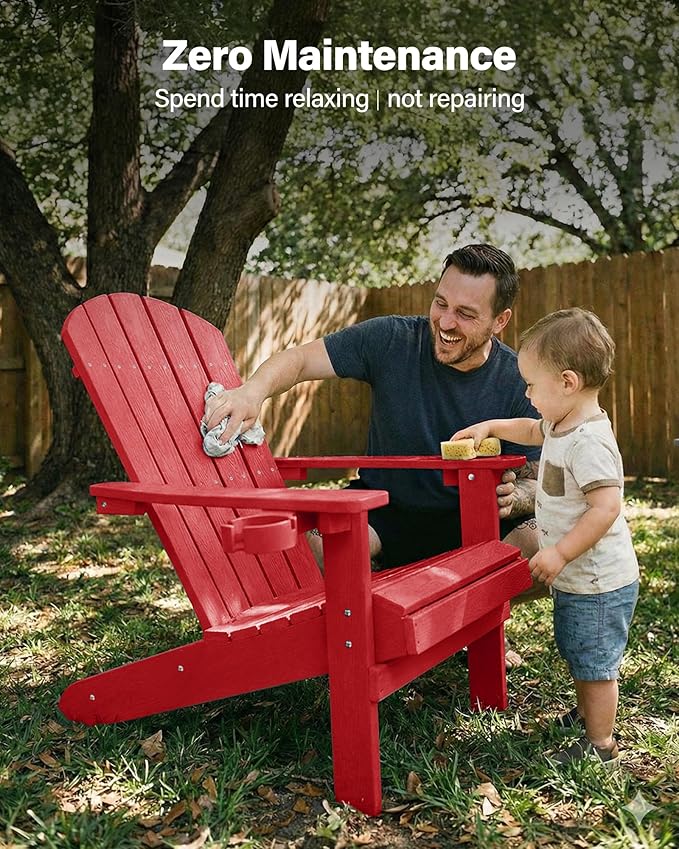 YEFU Adirondack Chair Weather Resistant: Plastic Adirondack Chairs - Patio Chairs with Cup Holder & Wood Texture - Outdoor Chair HIPS - Lawn Fire Pit Deck Porch Garden Chairs for Adults (Red)