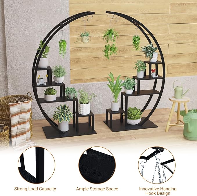 IDEALHOUSE 2 Pack 5 Tier Tall Indoor Plant Stand, Metal Half Moon Tiered Flower Rack, Space-Saving Design with 6 Hangers for Multiple Plants Display, Decorative Shelf for Home & Outdoor,Black