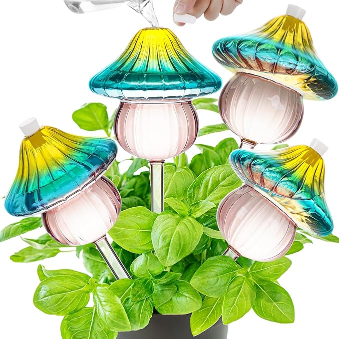 11 oz Large Plant Watering Globes, Mushroom Gradient Color Glass Watering Bulbs, Vacation Plant Watering Devices, Self Watering Globes - Self Watering Planter Insert for Travel (Large 4-Pack)