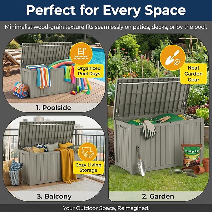 151 Gallon Resin Deck Box with Lockable Lid – Heavy-Duty Outdoor Storage for Patio Furniture, Garden Tools, Pool Accessories, BBQ Supplies – All-Weather Wood Grain Design
