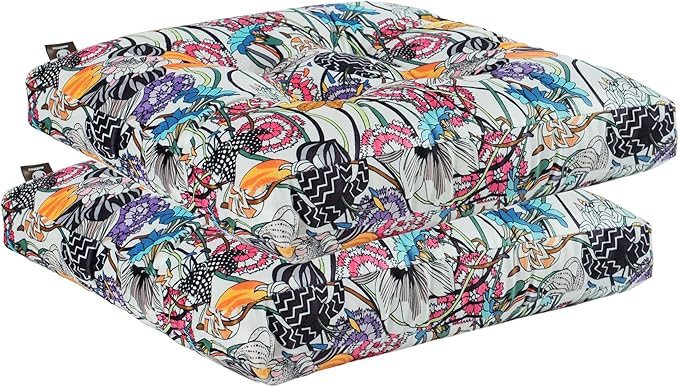2-Pack Outdoor/Indoor Wicker Patio Seat Cushion Pad with Ties - Dining Chair Cushion, 17" x 17" (Black Purple Flowers)