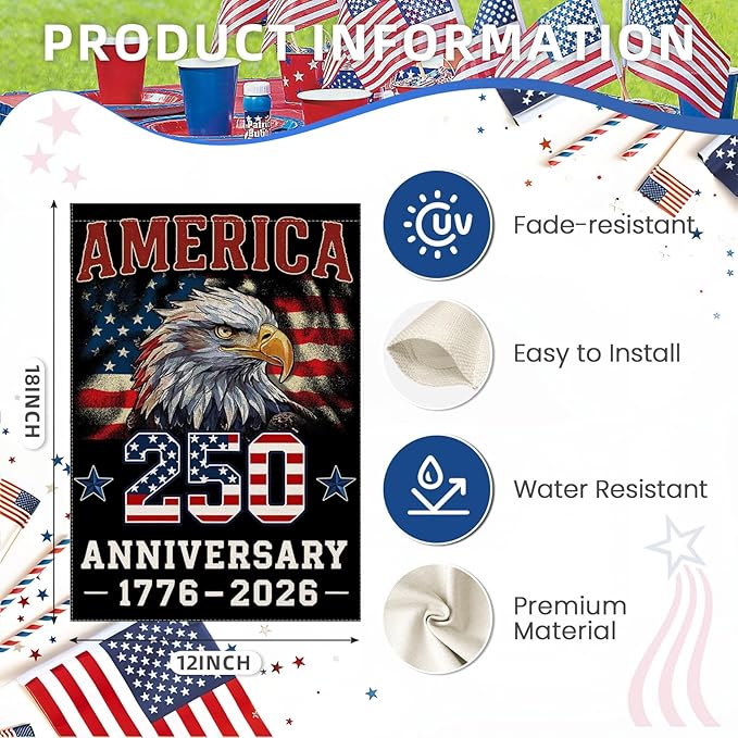 250 Anniversary USA Garden Flags for Outside, 4th of July 250th Years American Patriotic Banner, Blessing United States 12x18 Inch Double-Sided with Bald Eagle, 1776-2026 Yard Merchandise Decoration