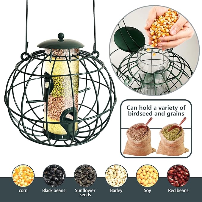 Squirrel Resistant Bird Feeder - Outdoor Hanging Wild Bird Feeder, Weatherproof Metal Tube Feeder for Finches & Small Birds, Green