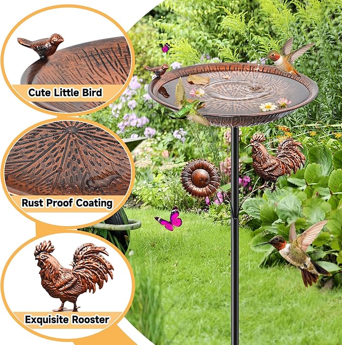 38" Metal Bird Bath for Outside, Vintage Garden Birdbath with Bird Statue, Freestanding Bird Bath Freeder with Sturdy 5 Prongs Base for Outdoors Patio Yard Lawn Decor(Vintage Brown)