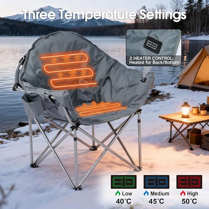 SunSettler Heated Camping Chair, Oversized Heated Outdoor Chair for Adults with 3 Heat Levels, Portable Folding Padded Chair for Camp, Lawn, Sports (Battery NOT Included) (Grey)
