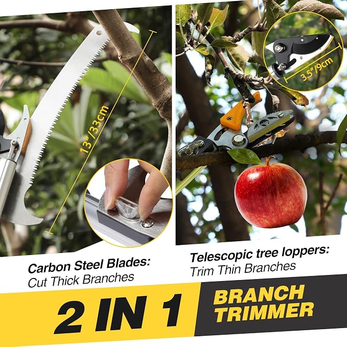 Extendable Tree Pruner, 5.6-13ft Telescopic Pole | Pruning Shear, Long Handle Tree Trimmer, Cut & Hold Bypass Clippers