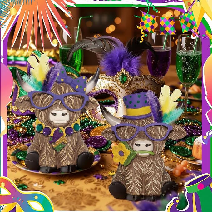 Simgoing 2 Pack Mardi Gras Highland Cow Figurines, Mardi Gras Masks Gnomes Carnival Masquerade Highland Cow Green Gold Purple Table Decor Scottish Resin Statue Calf Gift for Home Garden Kitchen Office