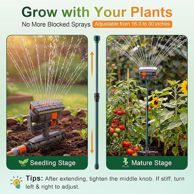 Oscillating Sprinkler with Adjustable Aluminum Riser, 4 Way Lawn Sprinklers for Yard and Garden, 16 Nozzles, Cover up to 4.069 sq. ft Ideal for Watering Different Heights (Spike)