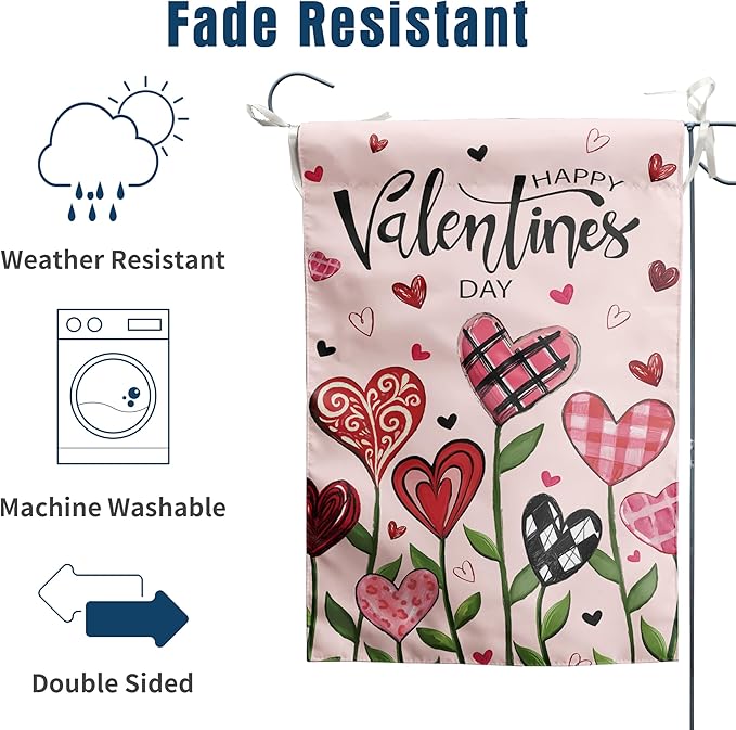 Happy Valentines Day House Flag 28 x 40 Double Sided Love Heart Floral Garden Decorations Spring Holiday Anniversary Yard Banner 12x18 Inch Double Sided for Outside