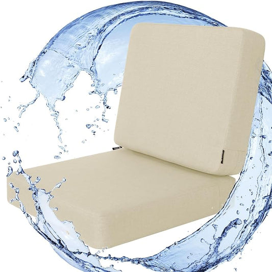 Favoyard Outdoor Deep Seat Cushion Set, 22 x 22 Inch Rainproof & 3-Year Fade Resistant Patio Furniture Cushions, Removable Seat Bottom & Back Cushion Covers with Ties for Chair, Sofa, Couch, Beige