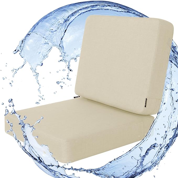 Favoyard Outdoor Deep Seat Cushion Set, 19 x 19 Inch Rainproof & 3-Year Fade Resistant Patio Furniture Cushions, Removable Seat Bottom & Back Cushion Covers with Ties for Chair, Sofa, Couch, Beige