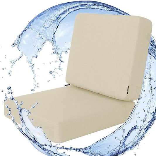 Favoyard Outdoor Deep Seat Cushion Set, 19 x 19 Inch Rainproof & 3-Year Fade Resistant Patio Furniture Cushions, Removable Seat Bottom & Back Cushion Covers with Ties for Chair, Sofa, Couch, Beige