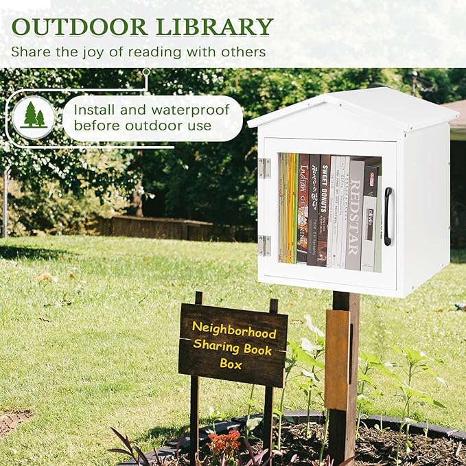Outdoor Library Outdoor Book Box Storage Small Wooden Cabinet Little Literature Box for Neighborhoods Community and Schools Sharing Books, Flyers, Newspapers, Food and Art