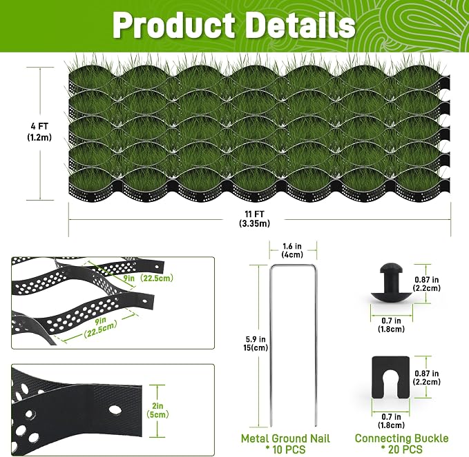 Gravel Grid 4 x 11FT-2" Depth HDPE Geo Grid 1885 lbs Per Sq Ft Load with U-Shaped Stakes & Connectors for Driveway, Patio, Shed Base, Parking Lot, Grass Stabilization, Black