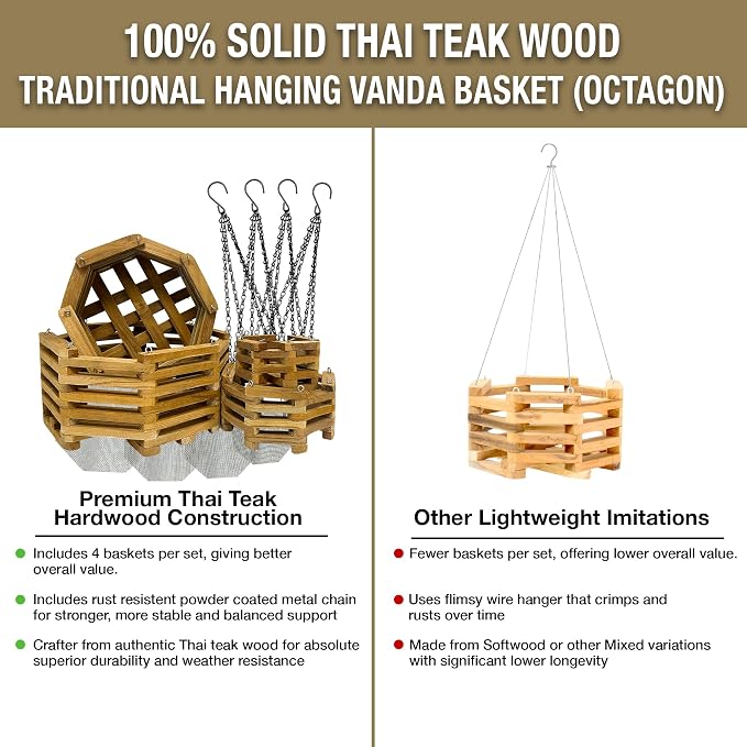 Teak Orchid Hanging Basket Set (4 Pack) – Solid Teak Wood Orchid Planters – Handmade Hanging Baskets for Vanda Orchids & Air Plants (Octagon)