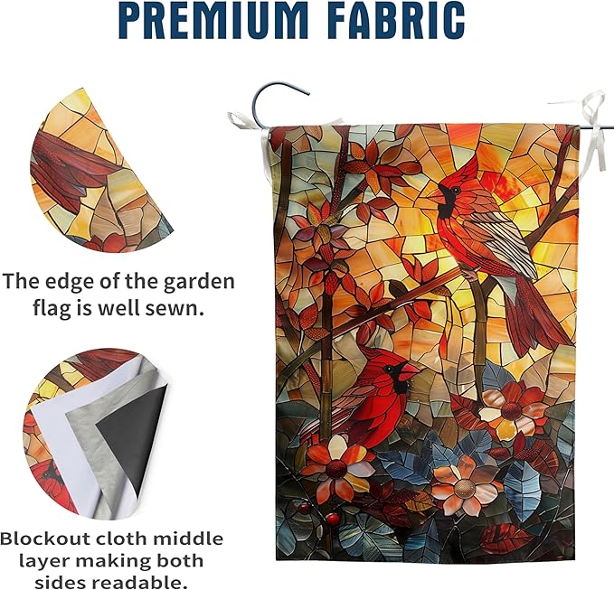 Stained Glass Cardinal Red Birds Garden Flag Spring Summer Yard Flag Fall Floral Decorative Yard Flags for Outside 28x40 Double Sided Large Seasonal Lawn Flags Rustic Outdoor Decor
