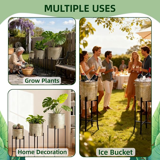 MorningRo Set of 3 Standing Planters 12.8'' 11.5'' 9.5'' Corrugated Galvanized Planters Farmhouse Rustic Plant Stand Metal Flower Pot for Indoor Outdoor Plants Garden Patio Porch Balcony