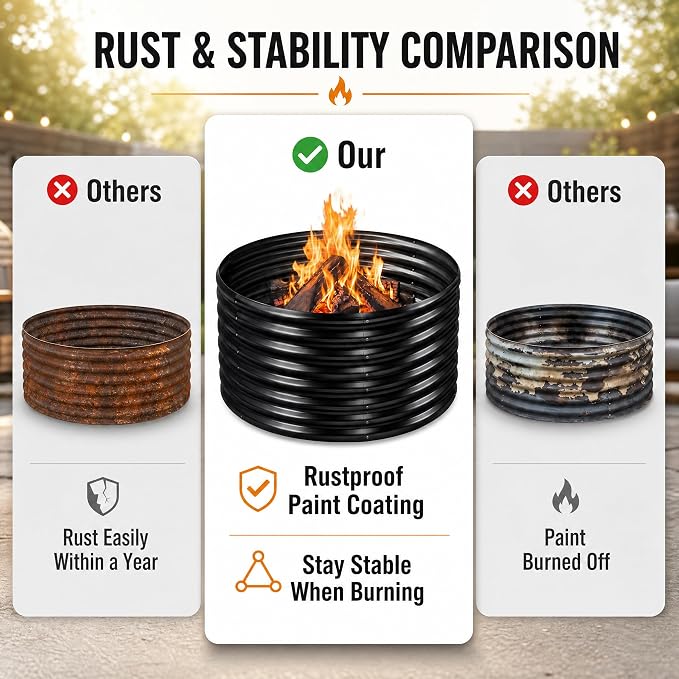 Jotesnew 48 inch Fire Pit Ring, 4x4x2FT Galvanized Fire Ring, Wood Burning Fire Pits Ring, Outdoor Fireplace Height 2FT, Round Camp Fire Ring, Bonfire Pit for Camping, Backyard (4x4x2FT)