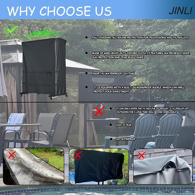 JINLI 45-50 inch outdoor TV trolley cover, courtyard TV cover, Oxford fabric waterproof and dustproof, triple windproof design, compatible with rolling/mobile stand