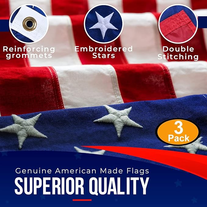 American Flags for Outside 3X5 (Pack of 3) - 3x5 Flag with Embroidered Stars and Sewn Stripes, Heavy Duty, All Weather, Made in USA for High Wind