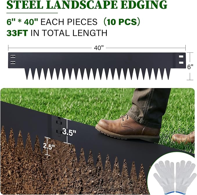 No Dig Landscape Edging 33 FT - Heavy Duty Flexible Metal Garden Border, 6" Tall x 40" Long Galvanized Steel Lawn Edging with 10 Anchoring Pins for Flower Beds, Yard, Pathway, Mulch Barrier (10-Pack)