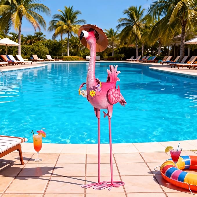 Natelf Flamingo Metal Garden Statue Outdoor Pink Hawaii Flamingo Yard Art Sculpture Decor with Flower Lei & Straw Hat, Waterproof Rust-Proof Lawn Decor for Pool, Beach, Patio, Poolside, Tropical Party