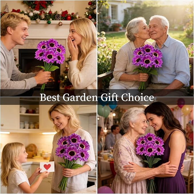 Solar Garden Lights Outdoor, 4 Pack Solar Purple Sunflower Lights with 18 Head 3.4 Inch Flowers, Waterproof Flowers Light Fall Decor Auto ON/Off for Garden Yard Patio Backyard, Gifts for Mom Women