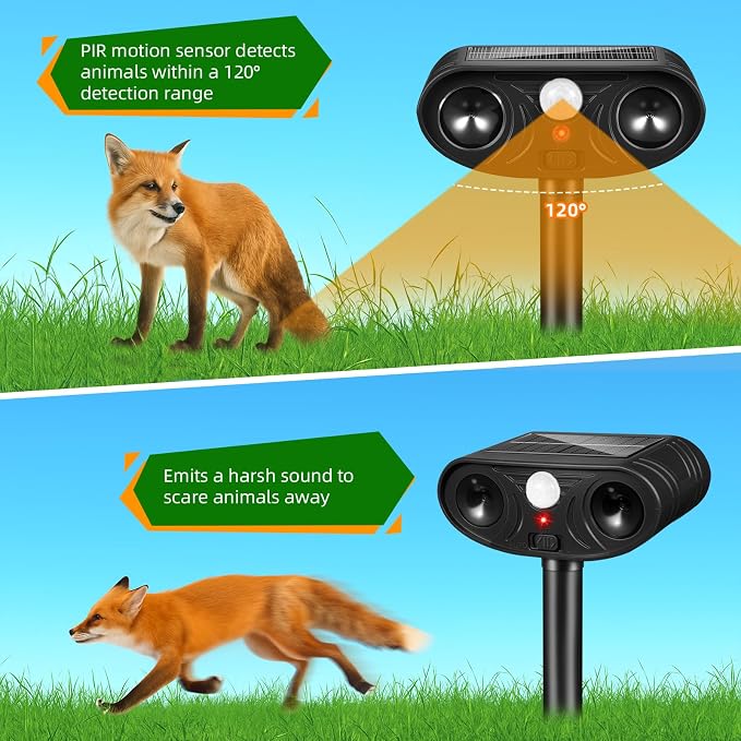 2026 Upgraded Solar Ultrasonic Animal Repellent, 4 Pack IP65 Waterproof Sonic Deer Deterrent, Motion Activated Outdoor Repeller to Keep Cats, Squirrels, Raccoons, Skunks & Dogs Away from Garden, Yard