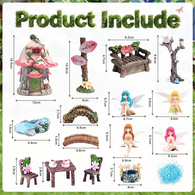 147Pcs Fairy Garden Kit Complete Miniature Figurines Accessories Set with Exclusive Mini Coffee Cups Butterflies DIY Resin Fairy House Mushrooms Animals Trees Decor for Indoor Outdoor Lawn Plant Pots