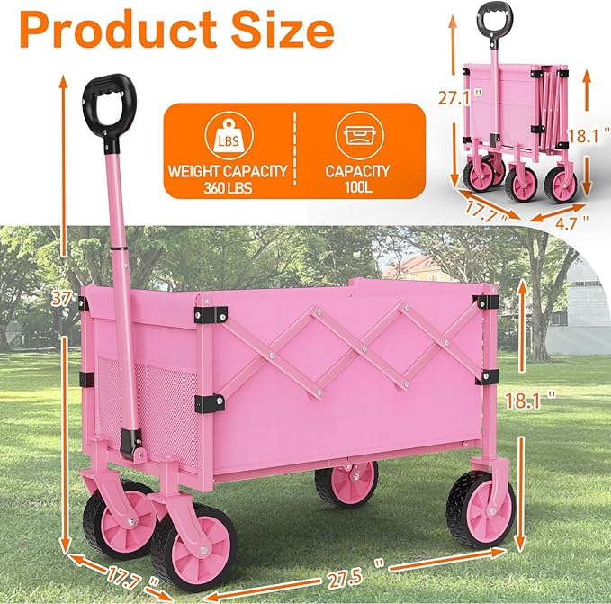 Wagons Carts Foldable, 360LBS Folding Utility Heavy Duty Wagon Cart with Wheels, 100L Portable Utility Outdoor Wagon for Shopping, Beach, Camping, Sports, Garden