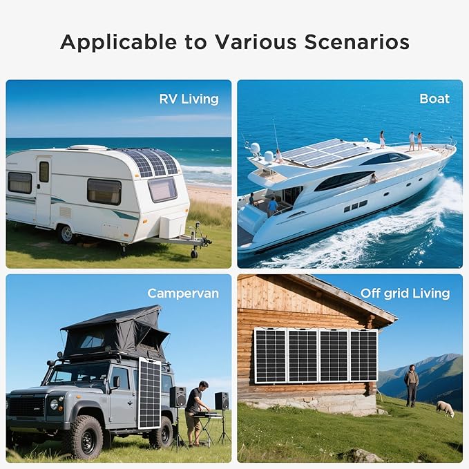 200W Flexible Solar Panel Kit (2x100W), Heat-Reflective White Backsheet, Marine-Grade ETFE Solar Panel, IP68 Waterproof for Motorhome, Boat, Van, Camper, White RVs