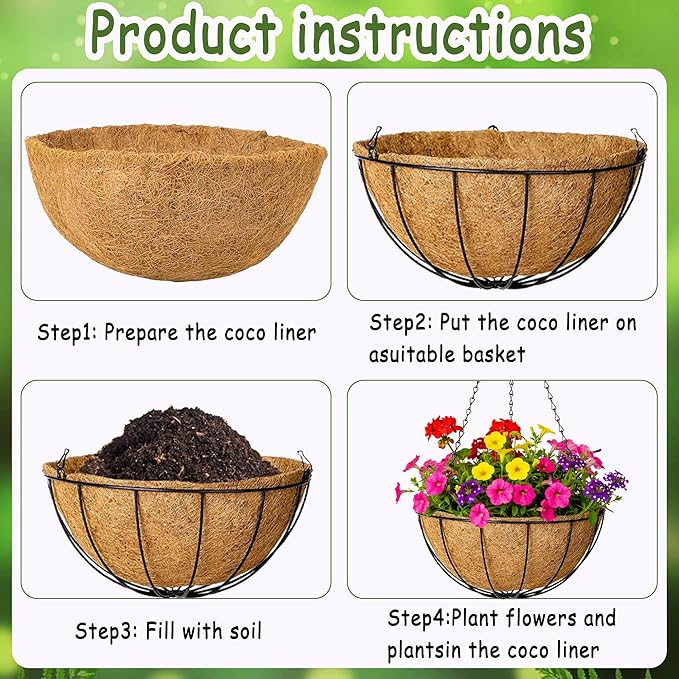 4pcs 16 inch Metal Hanging Baskets Round Wire Plant Stand with Coco Lining Cushion Decorative Planter Hanger Garden Indoor Outdoor Watering Hanging Basket （XG）