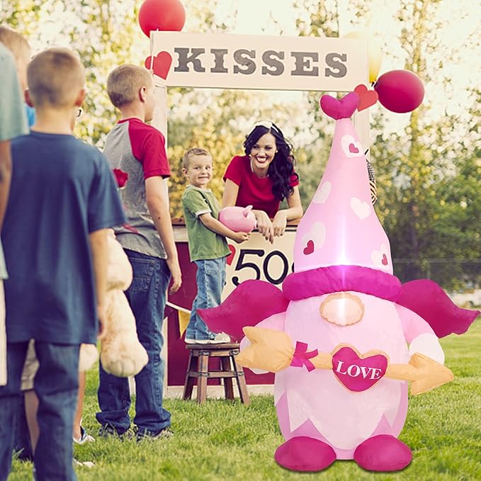 Juegoal Valentine Inflatable Cupid Gnome, Lighted Blow Up Pink Swedish Gnomes with Arrow, Indoor Outdoor Valentines Wedding Xmas Decor, Built in LED Light Up Holiday Lawn Yard Garden Decorations