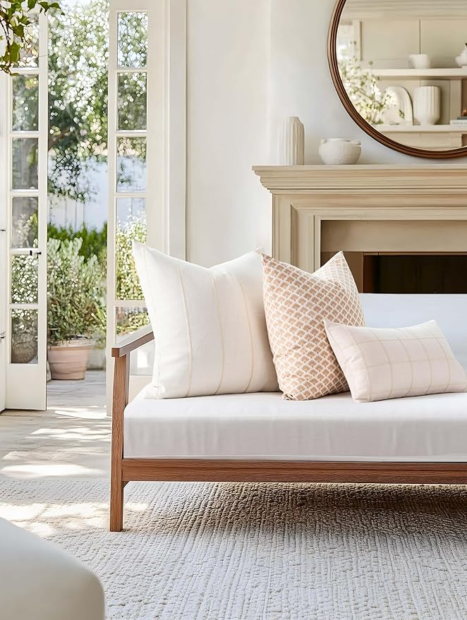 Crumbs Home Modern Farmhouse Fall Linen Indoor Outdoor Throw Pillow Cover Only, 22"x22" Water Repellent for Patio, Backyard, Couch, Neutral Beige Vertical Stripes
