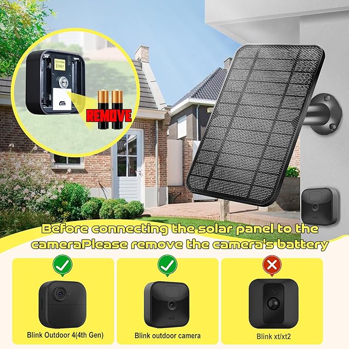 Solar Panel 4W for Blink Camera,Solar Kit Build-in 2000mAh Rechargeable Battery, IP66 Waterproof（Black）